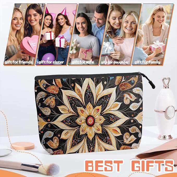 Cosmetic Bags Travel Makeup Toilet Case Waterproof Pouch for Women Girls 6.7X9.45inches - Symmetrical Gold Flower Pattern