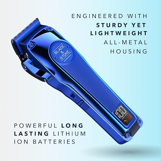 Blade & Stone™ Professional Barber Hair Clippers for Men PC801 Clipper | Diamond-S™ Blade | Micro-Gap Tech | Professional 7200 RPM Digital Motor, All-Metal, Cordless Clippers - Big Blue