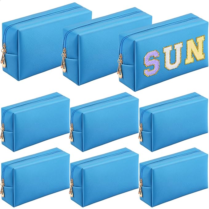 Sanwuta 9 Pcs Makeup Bags Bulk PU Double Zippers Cosmetic Bag Makeup Toiletry Christmas Small Pouch Portable Travel Organizers Case for Women Bridesmaid Party End of The Year(Blue)