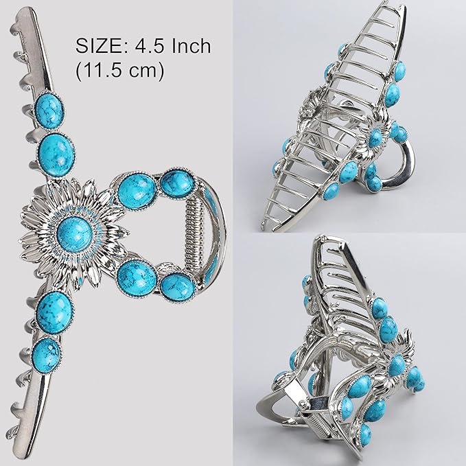 Turquoise Blue Stone Hair Clips, Large Metal Retro Sun Flower Style Claw Clip for Women Strong Hold Big Non-Slip Hair Catch Barrette Jaw Clamp for Long Thick Hair, Fashion Styling Accessories (2 Pack)