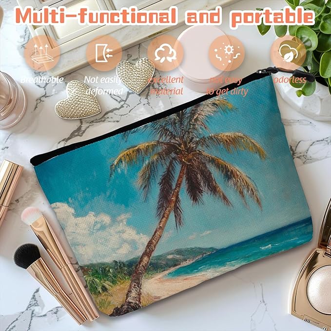 Cosmetic Bags Travel Makeup Toilet Case Waterproof Pouch for Women Girls 6.7X9.45inches - Tilted Coconut Tree on A Tropical Beach