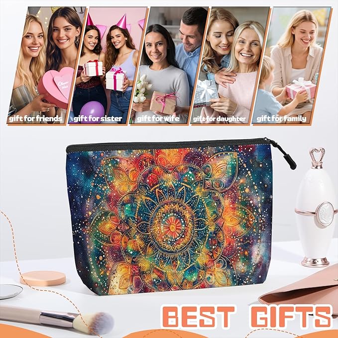 Cosmetic Bags Travel Makeup Toilet Case Waterproof Pouch for Women Girls 6.7X9.45inches - Vivid Celestial - Hued Mandala
