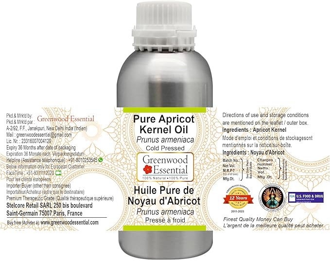 Greenwood Essential Pure Apricot Kernel Oil (Prunus armeniaca) Cold Pressed 630ml (21 oz)