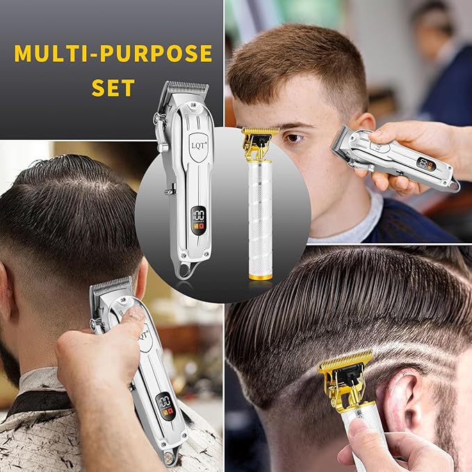 Professional Hair Clipper Set, Gold, LED Display, with Trimmer, 8 Guide Combs, Barber Shaver Set, with Travel Case and Haircut Cape (Silver)
