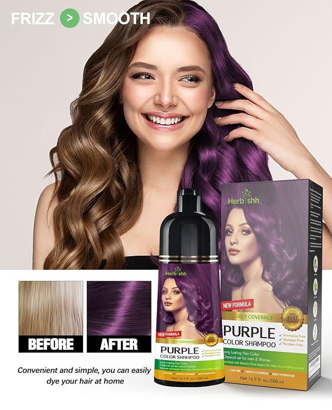 Herbishh Magic Hair Dye Shampoo – Colors Gray Hair in Minutes – Long Lasting – 500 Ml – 3-In-1 Ammonia-Free Color Treatment (Purple)