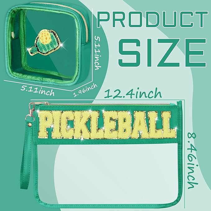 2 Pcs Pickleball Gifts Cosmetic Makeup Bag with Chenille Letter Patch, Clear Pouch PVC Organizer Purse, Waterproof Travel Bag, Portable Toiletry Storage Bag for Her Girls Friends Women