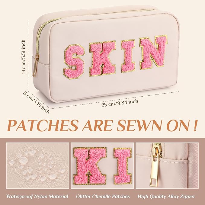 Remerry 4 PCS Nylon Cosmetic Bags Waterproof Spacious Travel Makeup Organizer for Women Chenille Letter Preppy Zipper Pouch Face Stuff Skin Hair Organizer Gift(Gentle White)