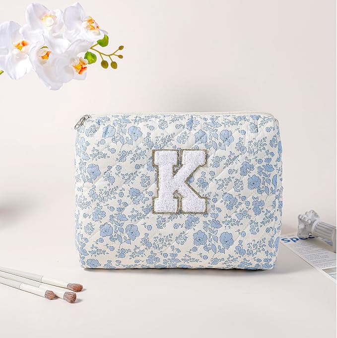Alphabet Makeup Bag Cosmetic Bag for Women, Christmas Gifts for Age 11-18, Personalized Floral Coquette Travel Bag, Trendy Stuff Zipper Make Up Pouch Organizer Bag (Blue Floral K)
