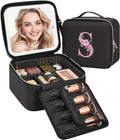 Relavel Initial Makeup Bag with LED Mirror for Women Girls, Personalized Travel Cosmetic Organizer Train Case, Birthday Gifts for Grandkids Bridesmaid Graduation Teacher Friends, Trendy Stuff, Black S