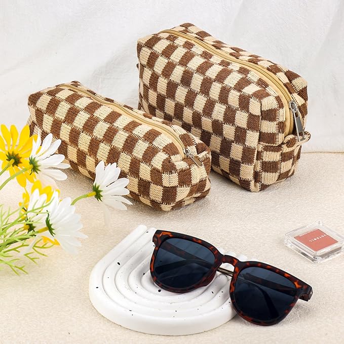 2Pcs Checkered Pencil Case Cute Pencil Pouch for Teens Checkered Makeup Bag Travel Cosmetic Bag Set Cute Makeup Pouch for Purse Portable Zippered Skincare Bags Preppy Toiletry Bags Organizer(Brown)