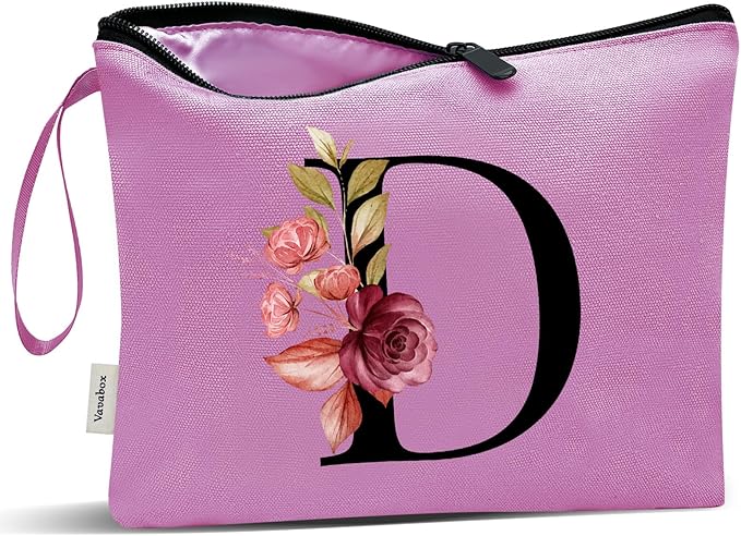 Vavabox A-Z Personalized Makeup Bag, Birthday Gifts for Women Mom, Gifts for Best Friend, Bride Bridesmaid Cosmetic bag (D, Purple)
