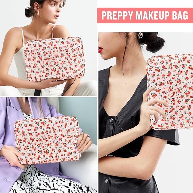 Nylon Large Floral Makeup Organizer Bag, Preppy Big Cute Flower Cosmetic Zipper Pouch Multi-compartment with Dividers, Waterproof Toiletry Make Up Brushes Bag Travel Essentials for Women(Pink-Floral)