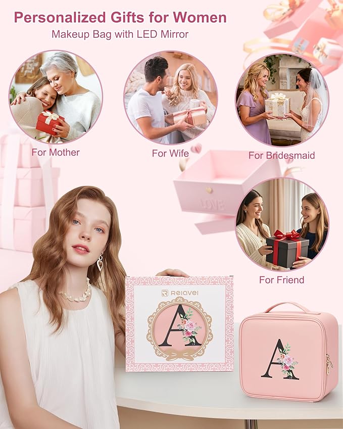 Relavel Initial Makeup Bag with LED Mirror for Women Girls, Personalized Travel Cosmetic Organizer Train Case, Birthday Gifts for Grandkids Bridesmaid Graduation Teacher Friends, Trendy Stuff, Pink B