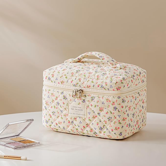 HBselect Quilted Makeup Bag, 3PCS Cotton Large Travel Makeup Bag, Cute Floral Coquette Make up Bag Cosmetic Bag Toiletry Bag for Women Girls