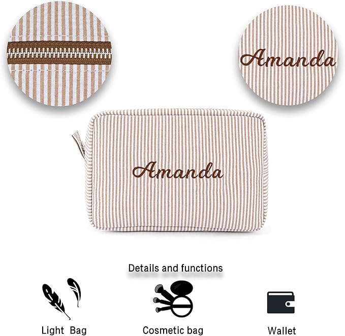 MT WORLD Cosmetic Bag Personalized Makeup Bag for Women Girls Seersucker Preppy Bridesmaid Makeup Bag Cute Aesthetic Toiletry Bag Girls Handbags Purses (Brown)