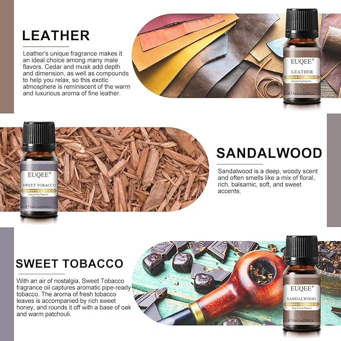 EUQEE 6PCS Fragrance Oils for Men, Men's Pubs Gift Set Premium Fragrance Oils -10ml-Leather, Sweet Tobacco（New Name-Honeyed Haze）, Dragons Blood, Sandalwood, Bay Rum, Cedarwood (Men's Pubs)