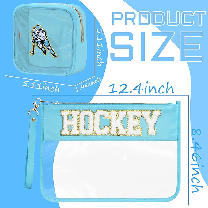 2 Pcs Hockey Gifts Makeup Bag with Chenille Letter Patch, Clear Cosmetic Pouch PVC Organizer Purse, Waterproof Travel Bag, Portable Toiletry Storage Bag for Her Girls Friends Women