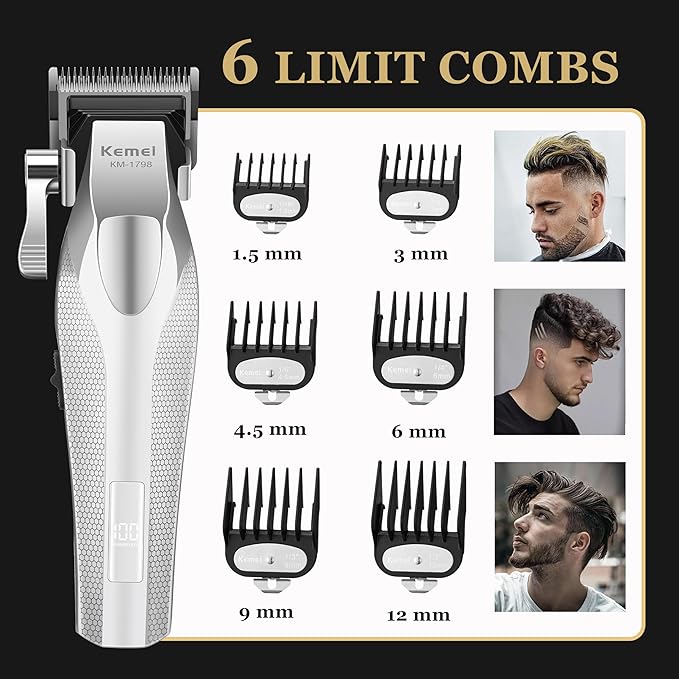 KEMEI 1798 Professional Hair Clippers for Men, 9100 RPM Cordless Barber Clippers with Full Metal Body, 3000 mAh Hair Trimmer with LED Display, Ceramic and DLC Blades