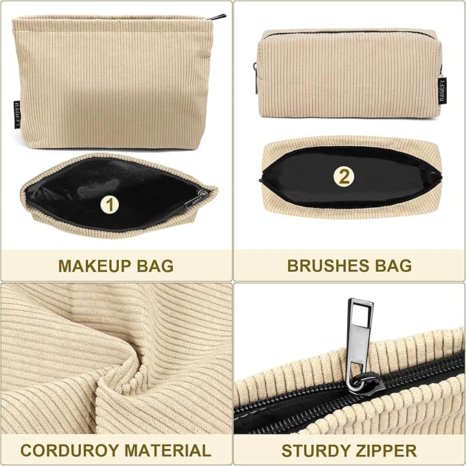 MAGEFY Small Makeup Bag, 2 PCS Corduroy Make up Bag for Purse Large Capacity Travel Cosmetic Bag for Women Zipper Makeup Pouch for Travelling Preppy Stuff - Beige