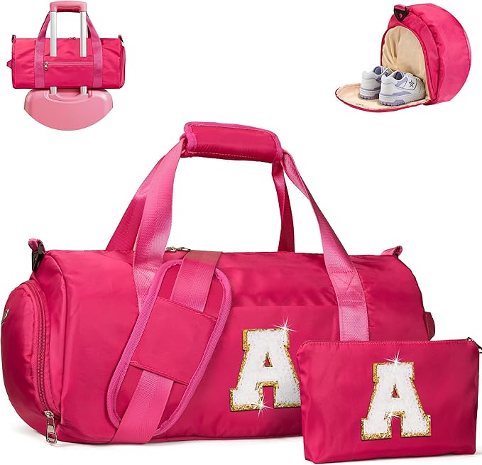 Birthday Gift for 8 Year Old Girl, Girls Travel Duffel Bag, Kids Initial Overnight Bags with Shoe Compartment, Customized Sport Gym Weekender Bag with Makeup Pouch, Trendy Stuff (Letter A)