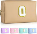 TOPEAST Initial Makeup Bag for Travel, Chenille Letter Pouch Cosmetic Bag, PU Leather Waterproof Toiletry Bag, Personalized Gifts for Bride Bridesmaids, Cute Things for Girls (Khaki Q)