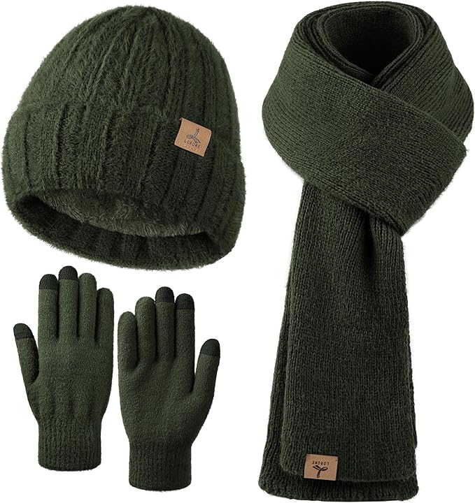 Winter Beanie Hat Scarf Gloves, Warm Fleece Knit Hat Long Scarf Neck Warmer Touch Screen Winter Gloves Set Gifts for Women