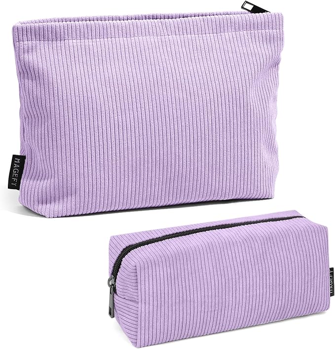 MAGEFY Small Makeup Bag 2 PCS Corduroy Make up Bag for Purse Large Capacity Travel Cosmetic Bag for Women Zipper Makeup Pouch for Travelling Preppy Stuff - Purple