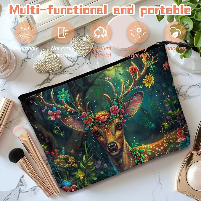 Cosmetic Bags Travel Makeup Toilet Case Waterproof Pouch for Women Girls 6.7X9.45inches - Deer'S Graceful Look With Blooming Antlers