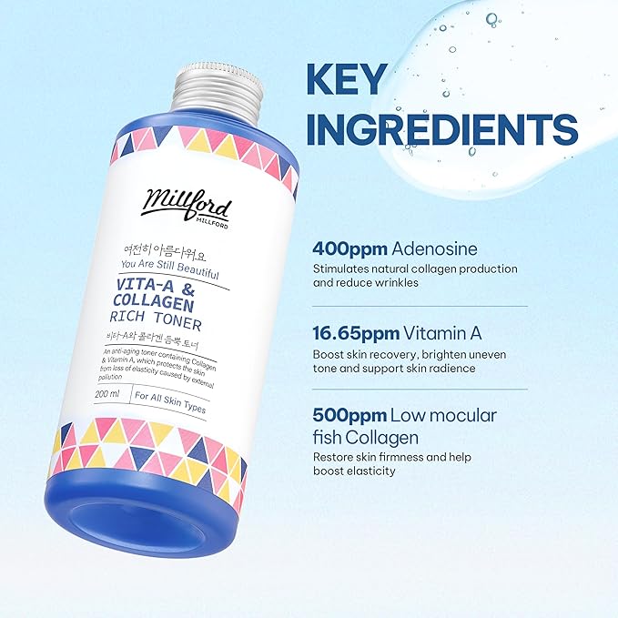Vita A & Collagen Rich Toner 200ml/6.76 fl.oz - Anti-Aging Retinol Face Toner with Marine Collagen & Panthenol for Fine Lines, Wrinkles, Elasticity & Deep Hydration, Korean Skincare