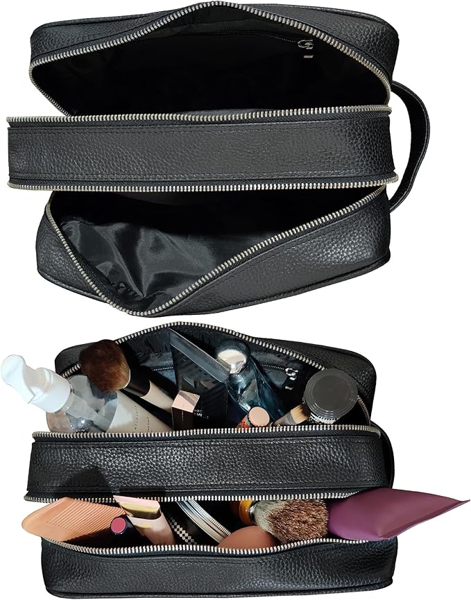 RUSTIC TOWN Full Grain Leather Travel Toiletry Bag - Cosmetic Makeup Kit Organizer (Medium, Black)