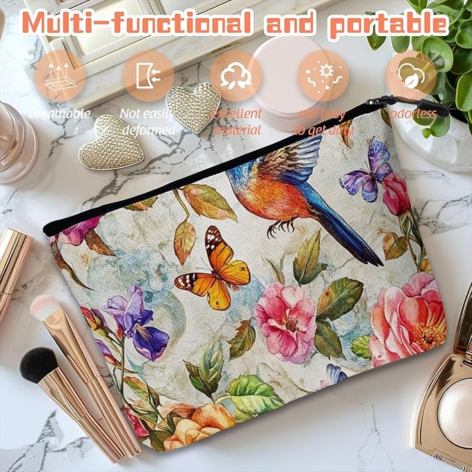 Cosmetic Bags Travel Makeup Toilet Case Waterproof Pouch for Women Girls 6.7X9.45inches - Whimsical Flower - Bird - Butterfly World