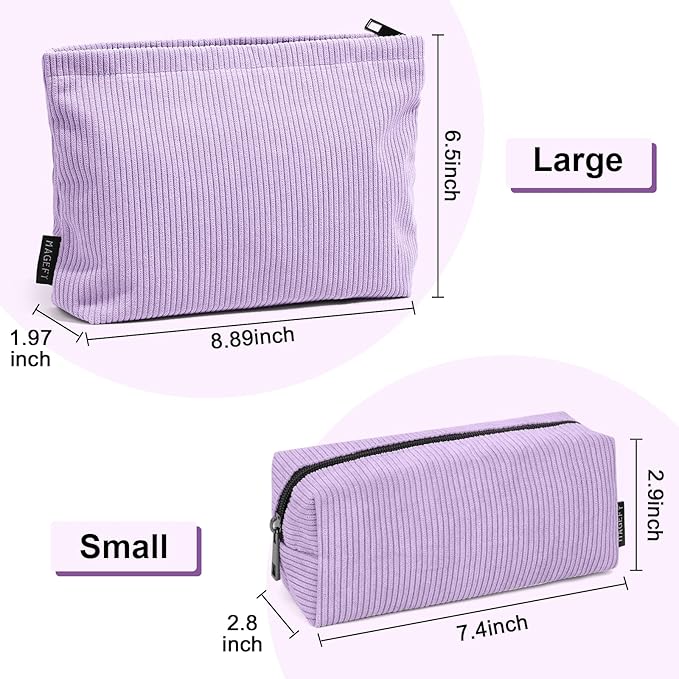 MAGEFY Small Makeup Bag 2 PCS Corduroy Make up Bag for Purse Large Capacity Travel Cosmetic Bag for Women Zipper Makeup Pouch for Travelling Preppy Stuff - Purple