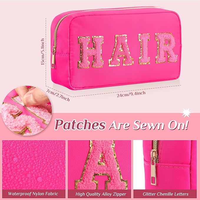 Remerry 4 PCS Nylon Cosmetic Bags Waterproof Spacious Travel Makeup Organizer for Women Chenille Letter Preppy Zipper Pouch Face Stuff Skin Hair Organizer Gift(Fluorescent Colors)