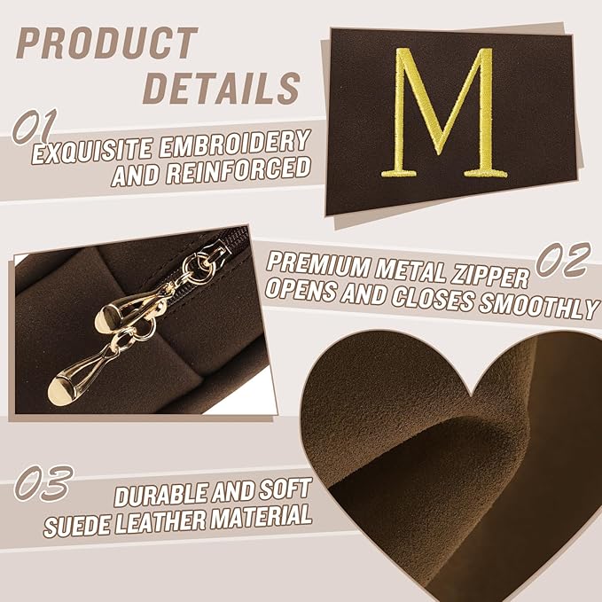 Personalized Initial Makeup Bag,Preppy Suede Cosmetic Bag for Teen Girls,Small Monogram Travel Toiletry Bag With Gold Embroidered Letter,Trendy Stuff Custom Christmas Gift for Women(Coffee-M)