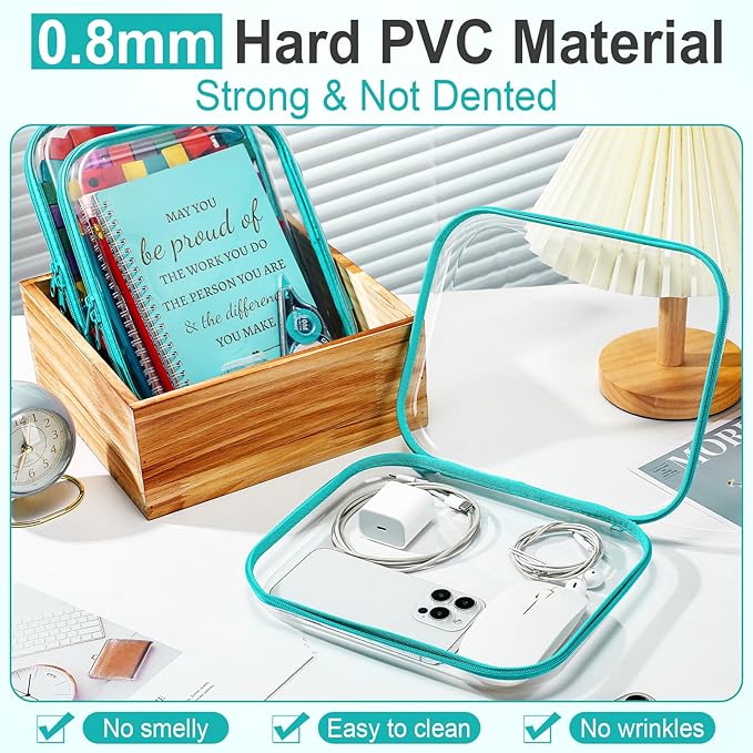Sanwuta 6 Pcs Clear Hard Zipper Case Hard Plastic Zipper Pouches Makeup Bag Pencil Pouches Transparent Cases for Snacks Plastic Storage Organizer Box for Travel(Teal,9.84 x 7.87 x 2 Inch)