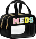 Chenille Letter Clear Medicine Makeup Bag for Travel, Preppy Patch Nylon Cosmetic Meds Pouch with Handles and Zipper, Waterproof Large Travel Toiletry Bag Storage Case for Women Black