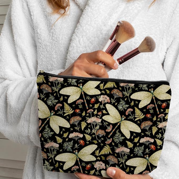 Vintage Floral Dragonfly Makeup Bag, Dragonfly Gifts Cosmetic Bags for Women, Dark Cottagecore Floral Botanical Insects Portable Travel Toiletry Bag Zipper Makeup Pouch