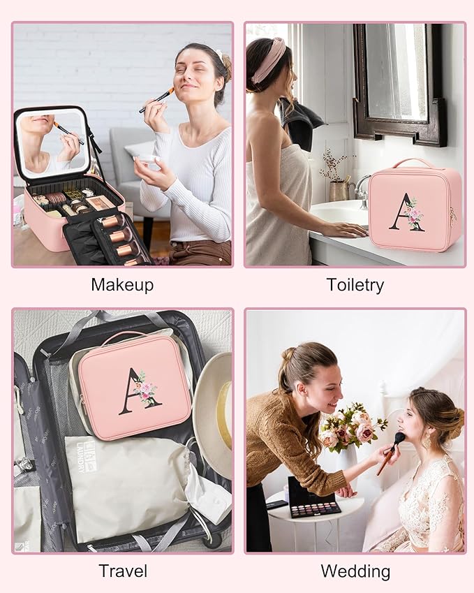 Relavel Initial Makeup Bag with LED Mirror for Women Girls, Personalized Travel Cosmetic Organizer Train Case, Birthday Gifts for Grandkids Bridesmaid Graduation Teacher Friends, Trendy Stuff, Pink M