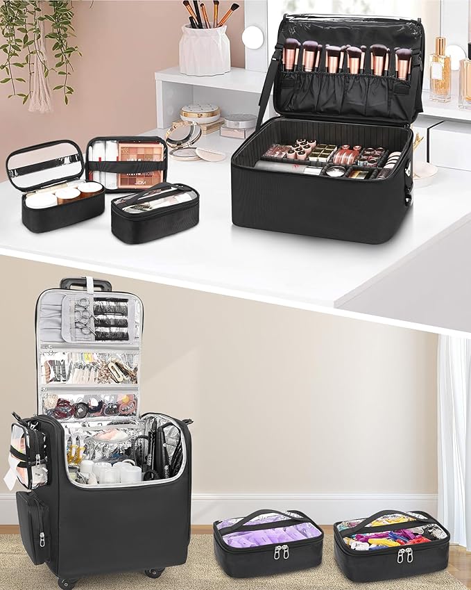Relavel Rolling Makeup Train Case with Large Makeup Case, Hairstylist Traveling Bags with 5 Small Clear Bags, Cosmetology Case on Wheels, Hair Tools and Cosmetics Storage Organizer Trolley Suitcase