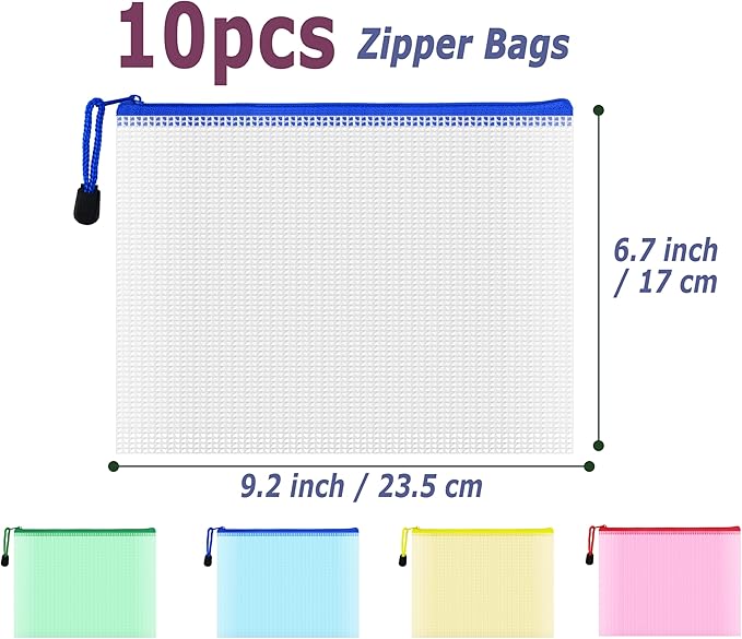 AUSTARK 10 Pcs Zipper File Bags, Waterproof Plastic Mesh Pouch for Office School, Board Game Storage Bags (A5 Size 9.2''x6.7'', Multicolored)