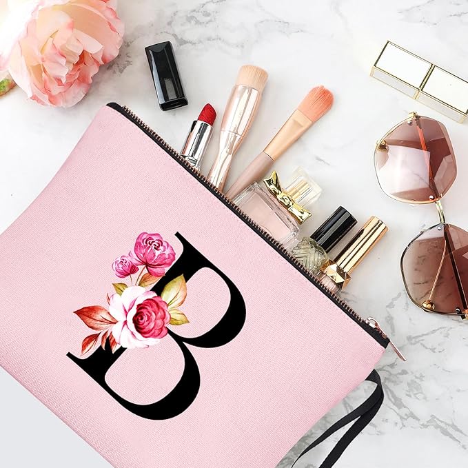 Vavabox A-Z Personalized Makeup Bag, Birthday Gifts for Women Mom, Gifts for Best Friend, Bride Bridesmaid Cosmetic bag (B, Pink)
