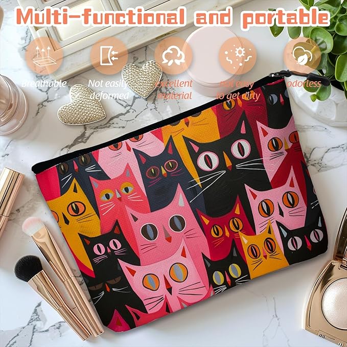 Cosmetic Bags Travel Makeup Toilet Case Waterproof Pouch for Women Girls 6.7X9.45inches - Multicolored Cat Portraits in A Tight Arrangement
