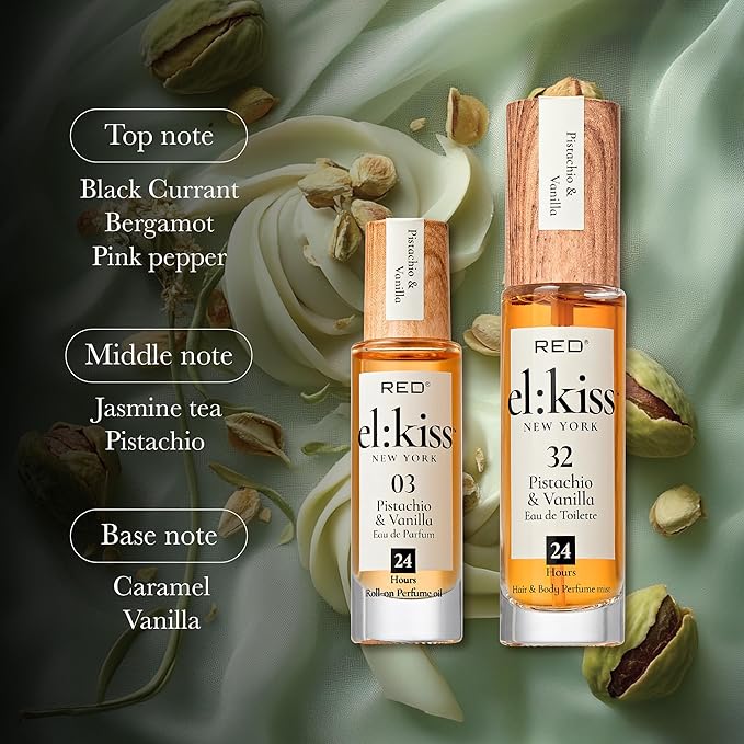 EL:KISS Roll On Perfume, Pistachio & Vanilla Inspired by SDJ 62, Eau de Parfum 12mL (.40 Fl Oz), Hydrating & Long-Lasting, Alcohol-Free & Mineral Oil-Free, With Jojoba, Argan & Coconut Oil