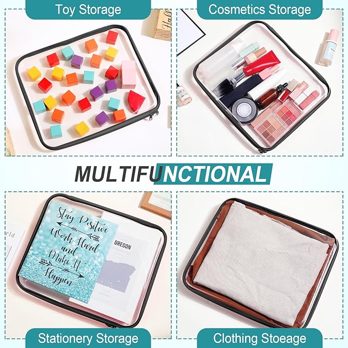 Hoolerry 3 Pcs Clear Hard Zipper Case Plastic Pouch Transparent Hard Case Clear Makeup Bag Portable Travel Organizer Bin for Cosmetics, Building Blocks, Puzzles(Black,L)