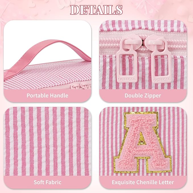 Travel Makeup Bag for Women, 2Pcs Portable Personalized Initial Makeup Organizer Bag, Open Flat Large Cosmetic Bag With Travel Essential Pouch (Pink Letter H)