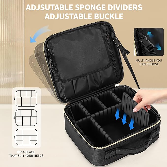 Travel Makeup Bag, Makeup Train Case, Portable Makeup Artist Organizer with Adjustable Dividers, Cosmetic Brush Holder Storeage