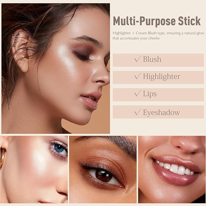 Clear Highlighter Stick, Glowing Cream Blush Highlighter Makeup Multi-Use for Cheeks Lips Body, Hydrating Lightweight Iluminadores De Maquillaje Translucent Buildable Watercolor Face Balm Stick