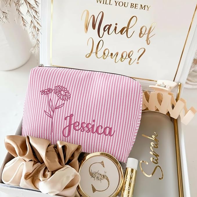 Personalized Seersucker Makeup Bag with Embroidered Name&Birth Flower,Custom Small Travel Cosmetic Bag Toiletry Bag Wedding Gifts for Bridesmaid Bride (Makeup Bag with Birth Flower)