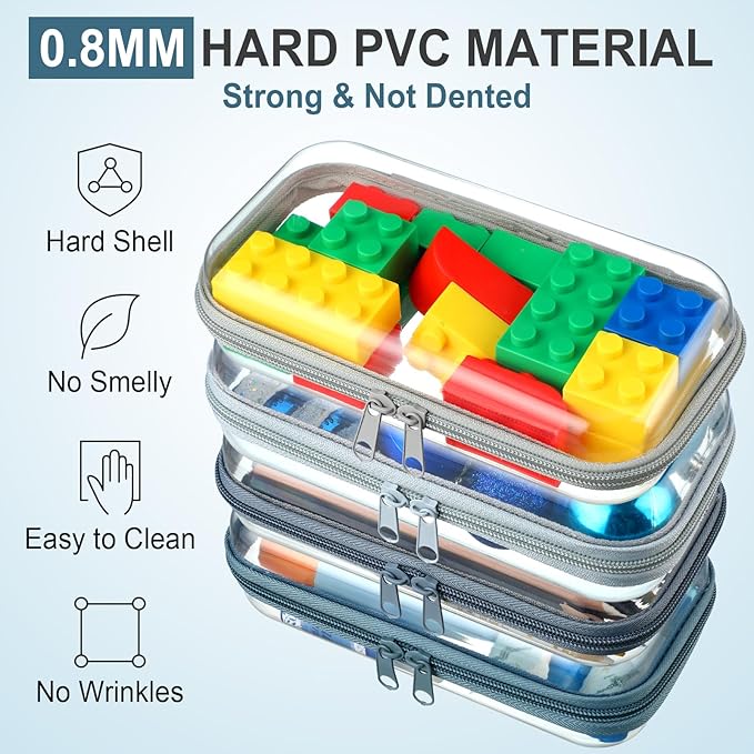 Hoolerry 4 Pcs Hard Clear Zipper Case Makeup Bags Plastic Pencil Pouch Transparent Storage Box Containers for Cosmetics, Snacks, Building Blocks, Puzzles(Morandi,7.5 x 3.9 x 2 in)