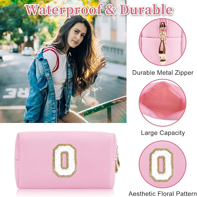 Iqimott,Personalized Initial Letter Patch Makeup Bag, Preppy Portable Chenille Letter Cosmetic Bag with Zipper, PU Leather Travel Toiletry Bag Monogram Make Up Pouch for Women Girls(Letter O)